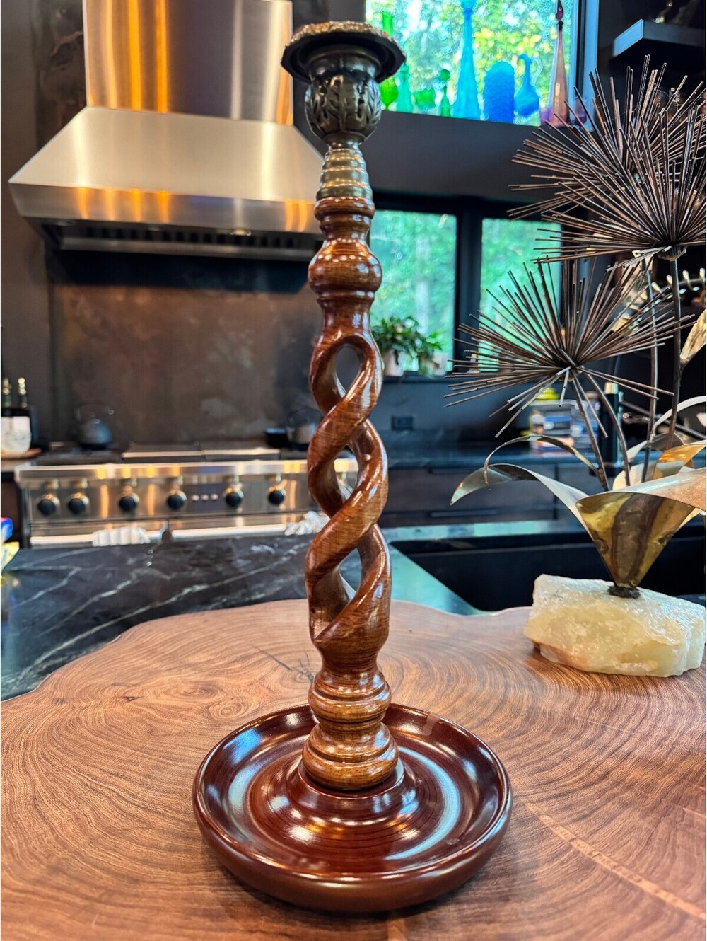 Vintage 1970s Open Barley Twist Oak Candlestick Holder - Excellent Condition